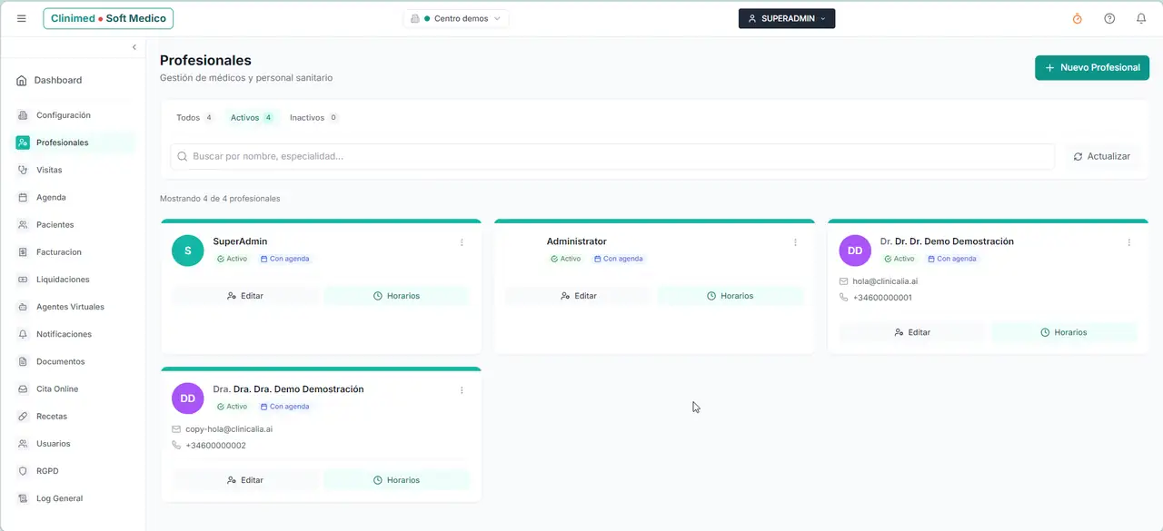 Gestión de profesionales en CLINIMED
