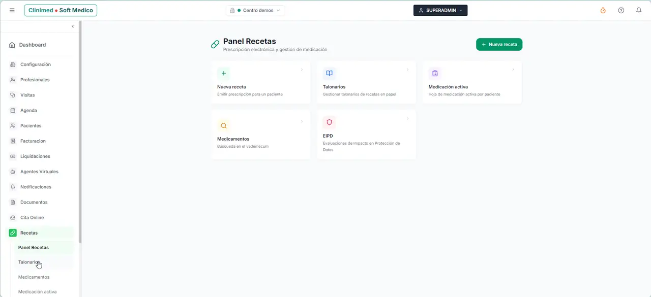 Panel de recetas de CLINIMED
